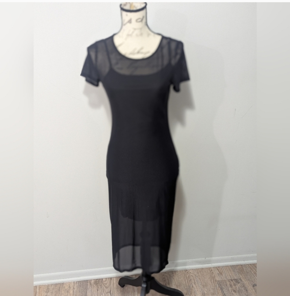 Vintage 90s Grunge Slip Dress Size Small Black Mesh L…